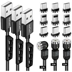 Magnetic Charging Cable [3pk 3ft/6ft/6ft] ModTech 3 in 1 Magnetic 360 Rotating Charging Cable - Nylon Braided Magnetic Charger - Compatible Micro USB - Typce C - iProducts (Black 2A/3pck)