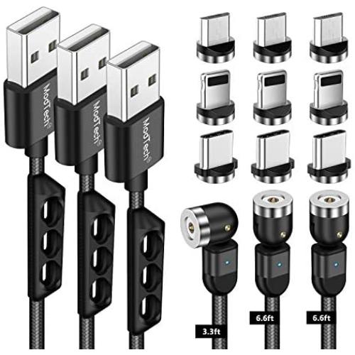 Magnetic Charging Cable [3pk 3ft/6ft/6ft] ModTech 3 in 1 Magnetic 360 Rotating Charging Cable - Nylon Braided Magnetic Charger - Compatible Micro USB - Typce C - iProducts (Black 2A/3pck)