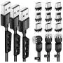 Magnetic Charging Cable [3pk 3ft/6ft/6ft] ModTech 3 in 1 Magnetic 360 Rotating Charging Cable - Nylon Braided Magnetic Charger - Compatible Micro USB - Typce C - iProducts (Black 2A/3pck)