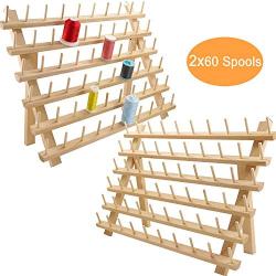 New brothread 2X60 Spools Wooden Thread Rack/Thread Holder Organizer with Hanging Hooks for Embroidery Quilting and Sewing Threads