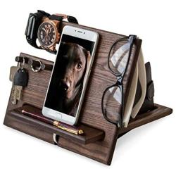 TESLYAR Wood Phone Docking Station Ash Hooks Key Holder Wallet Stand Watch Organizer Men Gift Husband Wife Anniversary Dad Birthday Nightstand Purse Tablet Father Graduation Male