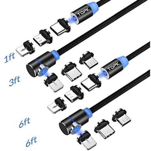 TOPK USB Magnetic Cable,(4-Pack,1ft/3ft/6ft/6ft) 3 in 1 Magnetic Charging Cable,Nylon Braided Magnetic Charger with Led Light,Compatible with Micro USB,Type C and iProduct