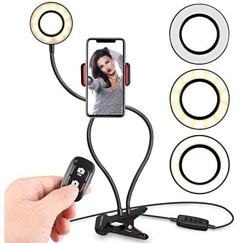 Selfie Ring Light with Cell Phone Holder Stand for Live Stream & Makeup Including Selfie Remote Shutter, UBeesize LED Camera Light with Flexible Long Arms, Compatible with Android Phone iPhone