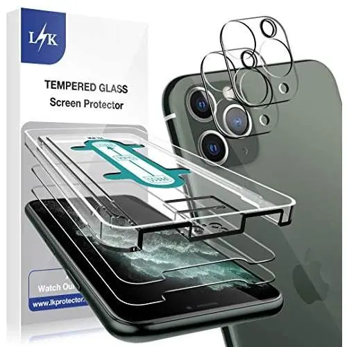 [4 Pack] L K 2 Pack Tempered Glass Screen Protector + 2 Pack Camera Lens Protector for iPhone 11 Pro Max [6.5 inch] [Installation Kit Included], Scratch-resistant