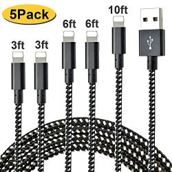 CUGUNU Nylon Braided Cable Compatible with iPhone Charger, 5 Pack[3/3/6/6/10FT] MFi Certified USB Lightning Cable Charging Cord for iPhone X/Max/11/8/7/6/6S/5/5S/SE/Plus/iPad - Black White