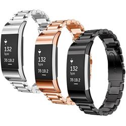 Charge 2 Accessories Bands for Fitbit, SailFar 3PCS Stainless Steel Metal Replacement Bracelet Strap Wrist Smart Watch Band for Fitbit Charge 2 HR, Small/Large, Men/Women, Silver, Rose Gold, Black