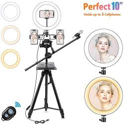 10" Selfie Ring Light with Tripod Stand, 3 Cell Phone Holders for Live Streaming/Makeup, LED Ringlight Kit with Remote-YouTube TikTok Video Recording/Vlogging/Photography-iPhone 11 Android Compatible