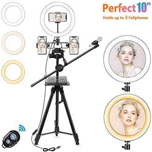 10" Selfie Ring Light with Tripod Stand, 3 Cell Phone Holders for Live Streaming/Makeup, LED Ringlight Kit with Remote-YouTube TikTok Video Recording/Vlogging/Photography-iPhone 11 Android Compatible