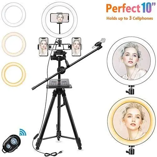10&quot Selfie Ring Light with Tripod Stand, 3 Cell Phone Holders for Live Streaming/Makeup, LED Ringlight Kit with Remote-YouTube TikTok Video Recording/Vlogging/Photography-iPhone 11 Android Compatible