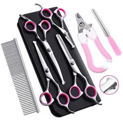 WizPower Dog Grooming Scissors Kit with Safety Round Tip, Heavy Duty 6CR Stainless Steel Pet Grooming Trimmer Kit -Thinning, Straight, Curved Shears Comb for Long Short Hair for Cat Pets