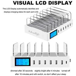 ideallife Charging Station Dock for 7 Ports USB Charger, 60W Desktop Docking Station Organizer with 7 Short Mixed Cables for Cell Phones, Smart Phones, Tablets, Multiple Device(White)