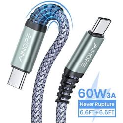 [6.6FT+6.6FT] 60W 3A USB C to USB C Fast Charging Cable,AINOPE Anti-Break USB Type C Cord C-C Compatible with Samsung Galaxy S20 S10 Note 10,iPad pro 2018,Google Pixel 4 3 2 XL,MacBook Air,Nintendo