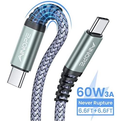 [6.6FT+6.6FT] 60W 3A USB C to USB C Fast Charging Cable,AINOPE Anti-Break USB Type C Cord C-C Compatible with Samsung Galaxy S20 S10 Note 10,iPad pro 2018,Google Pixel 4 3 2 XL,MacBook Air,Nintendo