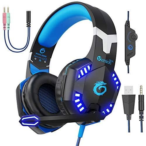 VersionTECH. G2000 [Updated] Stereo Gaming Headset for Xbox One PS4 PC,Surround Sound Over-Ear Headphones with 50mm Drive Unit,Noise Cancelling Mic, LED Lights for Laptop, Mac,Nintendo Switch Game