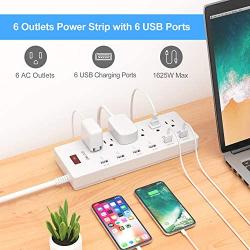 Power Strip with USB Ports,QOLIXM Surge Protector with 6 USB Charging Ports and 6 Outlets，1625W/13A,6 Feet Long Extension Cord for Multiple Devices Smartphone Tablet Laptop Computer