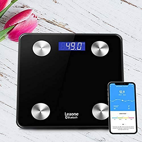 Leaone Body Fat Scale 28x28cm, Blue LCD Display, Smart Bluetooth Digital BMI Weight Scale, Body Composition Analyzer Health Monitor with 6mm Tempered Glass with Smartphone App, 400 lbs, White