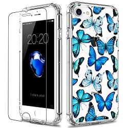 LUHOURI iPhone SE 2020 Case,iPhone 8 Case,iPhone 7 Case with Screen Protector,Clear with Floral Flower for Girls Women,Protective Phone Case for iPhone 7 /iPhone 8/ iPhone SE2 Blue Butterflies