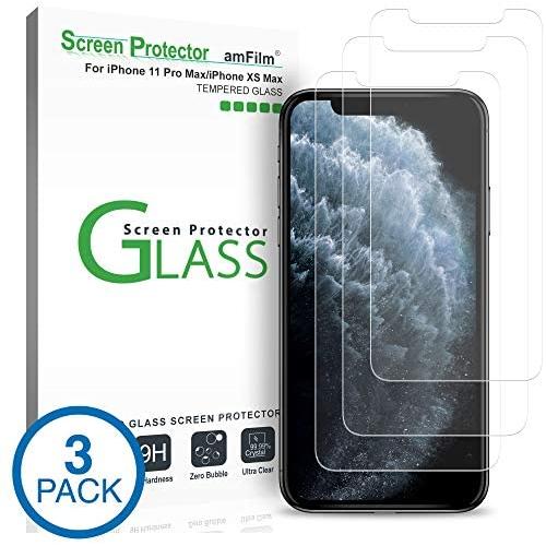 amFilm Glass Screen Protector for iPhone 11 Pro Max/iPhone Xs Max (6.5" Display) (3 Pack) with Easy Installation Tray