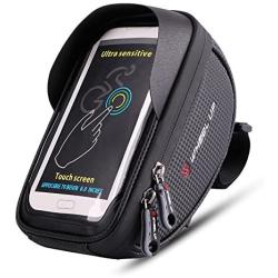 MOOZO Bike Handlebar Bag, Bicycle Phone Holder, Waterproof Cycling Frame Bags Top Tube Pouch Pannier Bike Phone Mount Stand for iPhone Xs MAX XR X 8 7 6 6S Plus Samsung S9 S8 S7 Smartphones Below 6