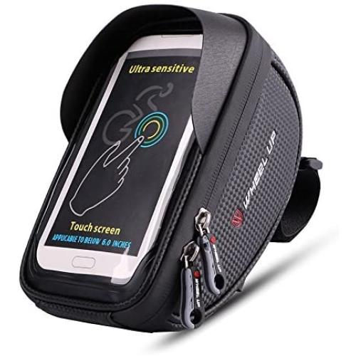 MOOZO Bike Handlebar Bag, Bicycle Phone Holder, Waterproof Cycling Frame Bags Top Tube Pouch Pannier Bike Phone Mount Stand for iPhone Xs MAX XR X 8 7 6 6S Plus Samsung S9 S8 S7 Smartphones Below 6