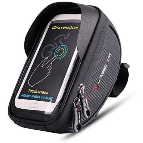 MOOZO Bike Handlebar Bag, Bicycle Phone Holder, Waterproof Cycling Frame Bags Top Tube Pouch Pannier Bike Phone Mount Stand for iPhone Xs MAX XR X 8 7 6 6S Plus Samsung S9 S8 S7 Smartphones Below 6