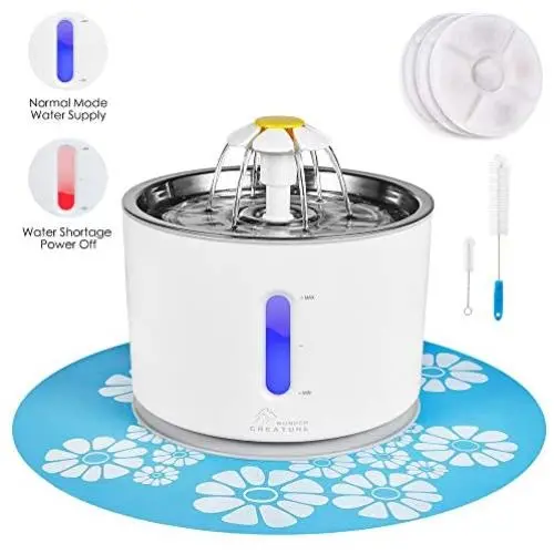 Cat Water Fountain Stainless Steel, 81oz/2.4L Intelligent Auto Power Off Pump with LED Light, Pet Fountain, Cat Water Dispenser with 3 Filters, 1 Mat and 2 Cleaning Brushes, Water Level Window