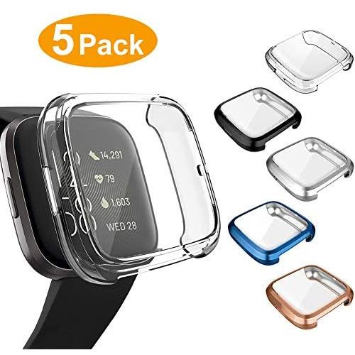 5 Packs Screen Protector Compatible Fitbit Versa 2 Case, GHIJKL Ultra-Thin Slim Soft TPU Protective Case All-Around Plated Cover Bumper Shell for Fitbit Versa 2, Clear/Black/Silver/Rose Gold/Blue