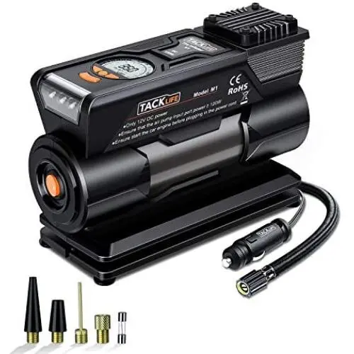 TACKLIFE M1 Tire Inflator, DC 12V Mini Digital Air Compressor Pump with Precision Gauge, 4 Nozzle Adaptors and Extra Fuse - Low Noise TACKLIFE M1 Tire Inflator, DC 12V Mini Digital Air Compressor Pump with Precision Gauge, 4 Nozzle Adaptors and Extra Fuse - Low Noise