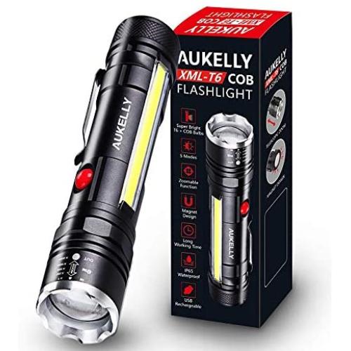 Aukelly LED Flashlights USB Rechargeable Flashlight High Lumens,COB Magnetic Flashlights,Zoomable,5 Modes,Tactical Flashlight Handheld Emergency Flashlight For Camping,with 18650 Battery