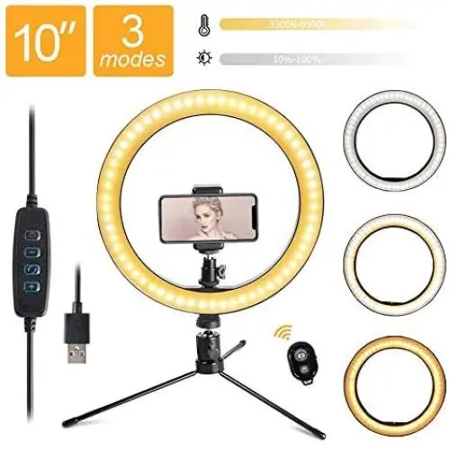 LED 10.2" Desktop Selfie Ring Light with Tripod Stand & Remote Control &10 Brightness Level & 3 Light Modes and 120 Bulbs 6500k for YouTube Video/Live Stream/Makeup/Photography for iPhone Android