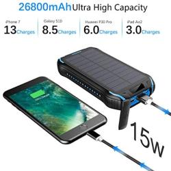 Solar Charger 26800mAh, Solar Power Bank, Portable Charger Battery Pack with 3 Outputs & 2 Inputs(Micro USB ＆ Type-C) Huge Capacity Backup Battery Compatible Smartphone, Tablet and More