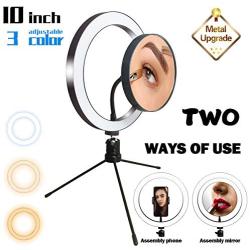 LED Ring Light with Tripod Stand 10" for Video and Lighted Makeup Mirror Cell Phone Holder Desktop LED Lamp with 3 Light Modes - Lighted Vanity Makeup Mirror; 5X Magnification(Metal Mirror)