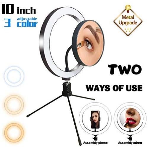 LED Ring Light with Tripod Stand 10" for Video and Lighted Makeup Mirror Cell Phone Holder Desktop LED Lamp with 3 Light Modes - Lighted Vanity Makeup Mirror; 5X Magnification(Metal Mirror)