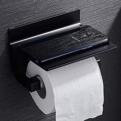 micoe Toilet Paper Holder with Phone Shelf,Hole-Free Self Adhesive Bathroom Wall Mount Paper Towel Roll Holder,Space Aluminum,Black