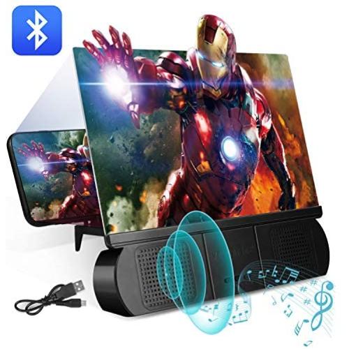 Foonii 12’’ 3D Cellphone Screen Magnifier with Bluetooth Speakers Anti-Blue Light, Cell Phone Projector Amplifier with Foldable Holder Stand, Screen Amplifier Compatible with All Cellphone