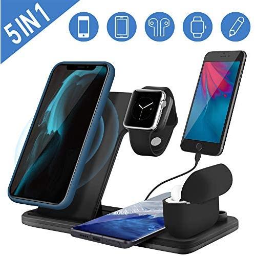 5 in 1 Wireless Charging Station for Apple Watch 5 Airpods Pro, Xperg Fast Wireless Charger Stand Dock Compatible with iPhone SE 11 Pro Max Xr X Xs Max/Samsung Note 10 S10 / Qi-Certified Phones