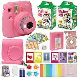 Fujifilm Instax Mini 9 Instant Kids Camera Flamingo Pink with Custom Case + Fuji Instax Film Value Pack (40 Sheets) Accessories Bundle, Color Filters, Photo Album, Assorted Frames, Selfie Lens + More