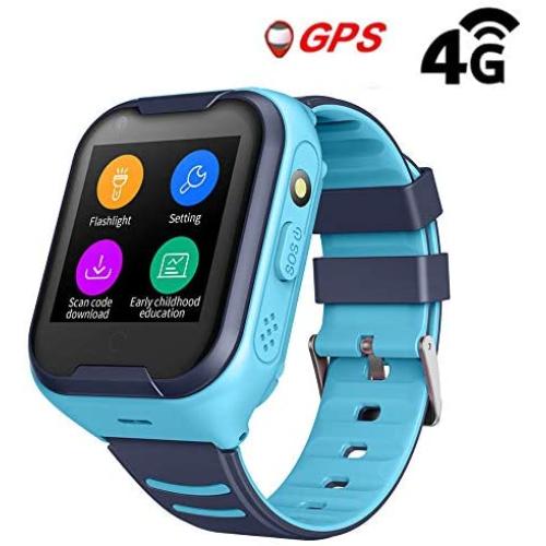 Waterproof GPS Smart Watch, Laxcido 4G Video Phone Call Real-time Tracking Camera SOS Alarm Geo-Fence Touch Screen Monitoring Health Steps Flashlight Anti-Lost GPS Tracker Watch (Blue)