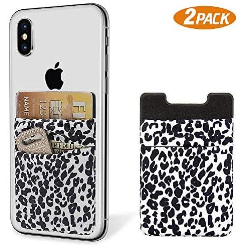 SHANSHUI Phone Wallet, 2 Pack Phone Stick On Wallet Card Holder Pocket Compatible with iPhone, Android and All Smartphones-White Cheetah
