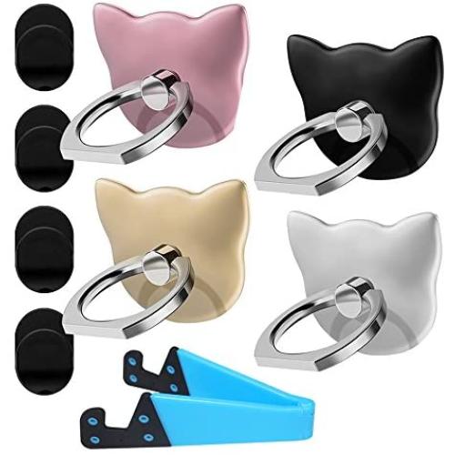 4 Pack Cat Shape Cell Phone Ring Holder,1 Pack V Smartphone Holder Tablet Stand,DanziX 360°Rotation Universal Finger Kickstand Grip-Silver,Rose Gold,Black,Gold,Blue