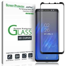 amFilm Glass Screen Protector for Samsung Galaxy S8, 3D Curved Tempered Glass, Dot Matrix with Easy Installation Tray, Case Friendly (Black)