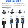 Magnetic Phone Charger Cable， 3 in 1 Cable, (3 Pack，3.3 ft Straight Cable, 3.3 ft L Shape Cable，6.6 ft L Shape Cable) (Black)