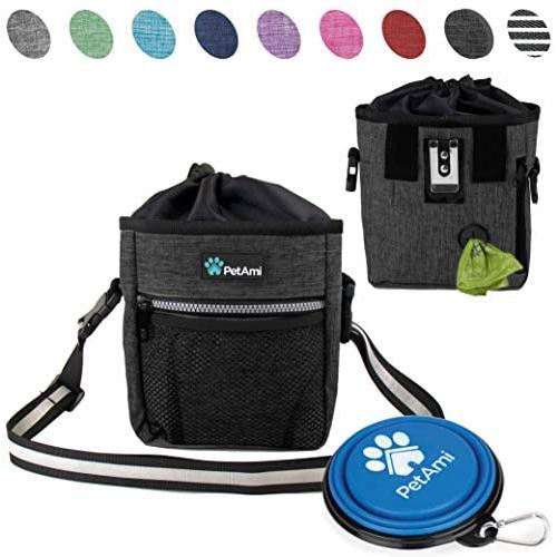 PetAmi Dog Treat Pouch | Dog Training Pouch Bag with Waist Shoulder Strap, Poop Bag Dispenser and Collapsible Bowl | Treat Training Bag for Treats, Kibbles, Pet Toys | 3 Ways to Wear