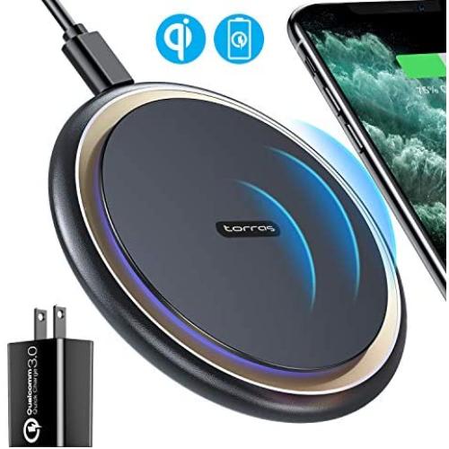 TORRAS Fast Wireless Charger, [Upgraded] Wireless Charger with 18W QC 3.0 Fast Charger,USB-C Qi Wireless Phone Charging Pad for iPhone SE/11/11 Pro/X/XS Max/XR/8 AirPods Pro,Samsung S20/S10/S10e/S9