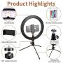 10" Desktop Selfie Ring Light with Tripod Stand and Phone Holder, Remote Control LED Lights for Live Stream Makeup YouTube Video Shoot Photography, 16 Color Table Light Compatible with iPhone Android