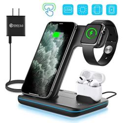 WAITIEE Wireless Charger, 3 in 1 Qi-Certified 15W Fast Charging Station for Apple iWatch Series 5/4/3/2/1,AirPods, Compatible with iPhone 11 Series/XS MAX/XR/XS/X/8/8 Plus/Samsung (Black)