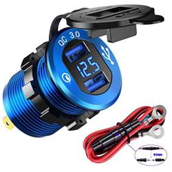 YONHAN Quick Charge 3.0 Dual USB Charger Socket, Waterproof Power Outlet Fast Charge with LED Voltmeter & Wire Fuse DIY Kit for 12V/24V Car Boat Marine ATV Bus Truck and More - Deep Blue