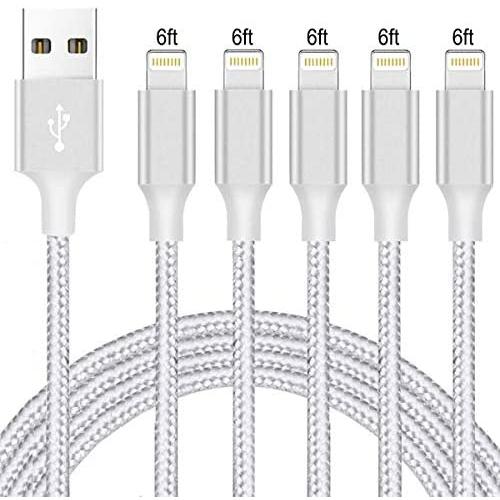 5-Pack 6Feet iPhone Charger Lightning Cable,Extra Long Nylon Braided Charging Cable High Speed Connector Data Sync Transfer Cord Compatible with iPhone Xs Max/X/8/iPad & More