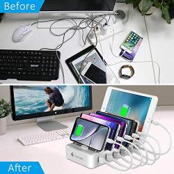 Charging Station for Multiple Devices - 6 Smart Charging Ports Docking Organizer - Compatible with iPhone iPad and Android Cell Phone and Tablet (6 Short Cables Included) (White)