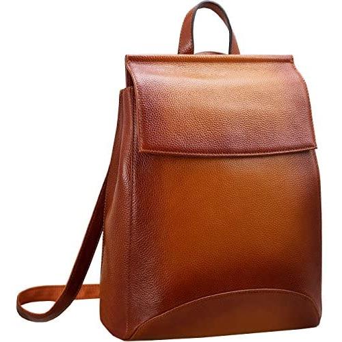 Heshe Womens Leather Backpack Casual Style Flap Backpacks Daypack for Ladies (Sorrel)